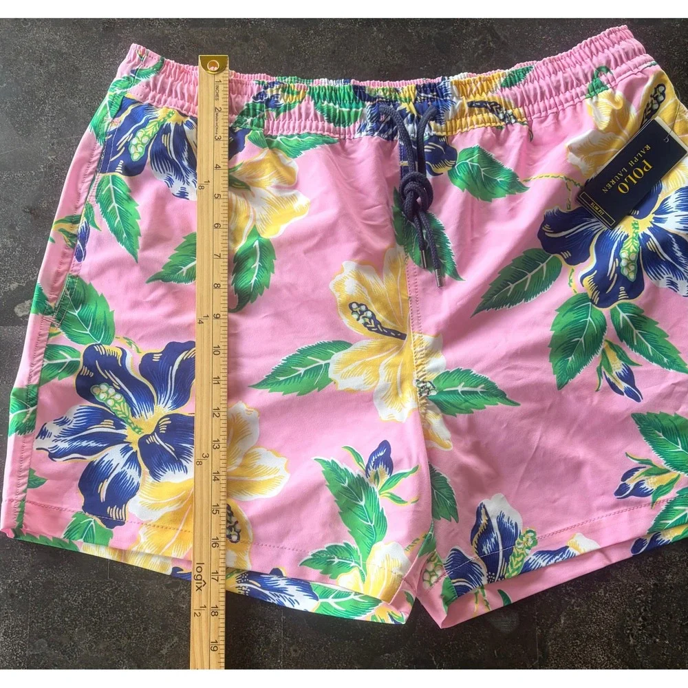 Polo Ralph Lauren Men XXL Pink Hibiscus Floral Tropical Swim Trunks Slim Fit New